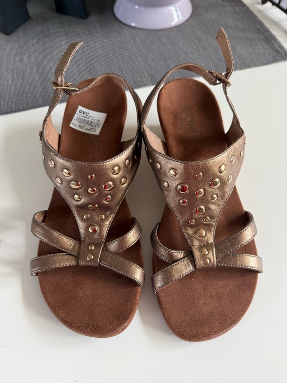 Vionic Bronze Metallic Studded T-Strap Sandals